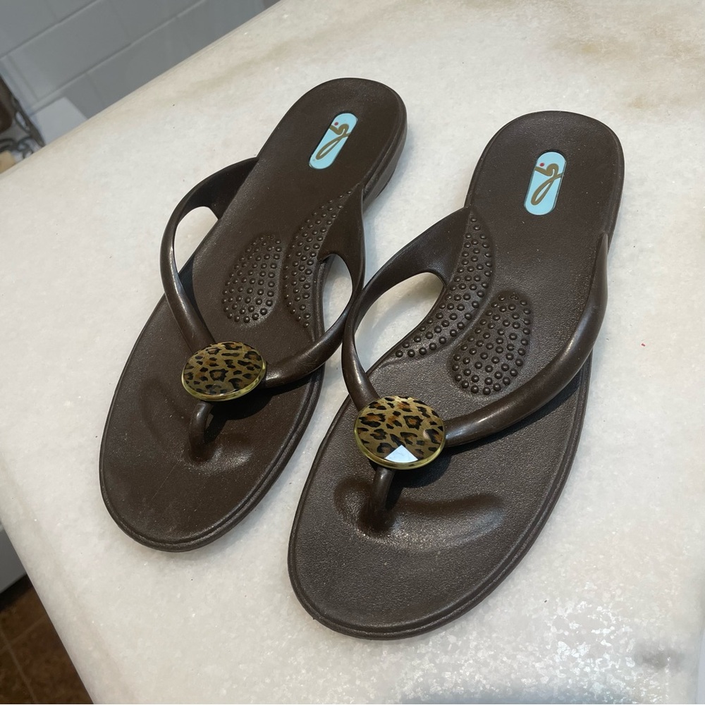 Brown Flip Flops with Leopard Print Accent